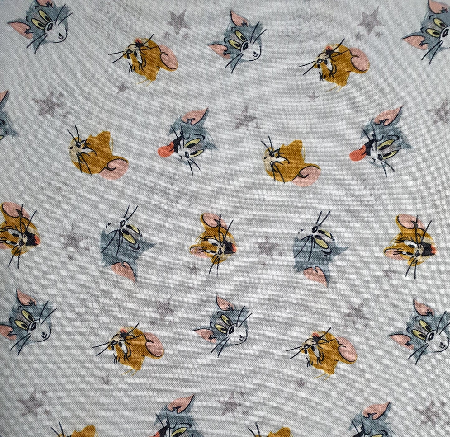 Tom and Jerry Cotton Print - Character Heads and Stars on White