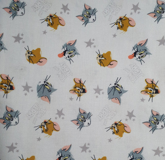 Tom and Jerry Cotton Print - Character Heads and Stars on White